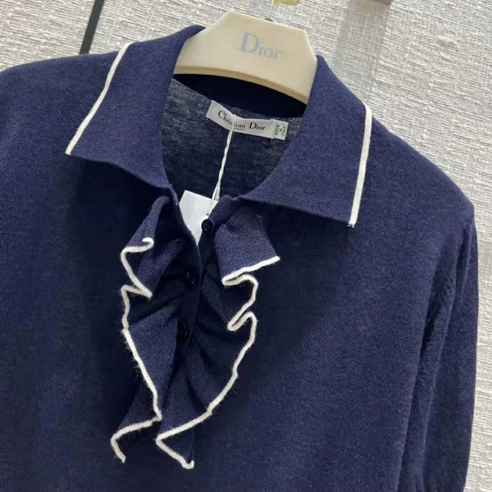 ÁO DIOR Short-Sleeved Sweater Navy Blue Cashmere and Silk Knit