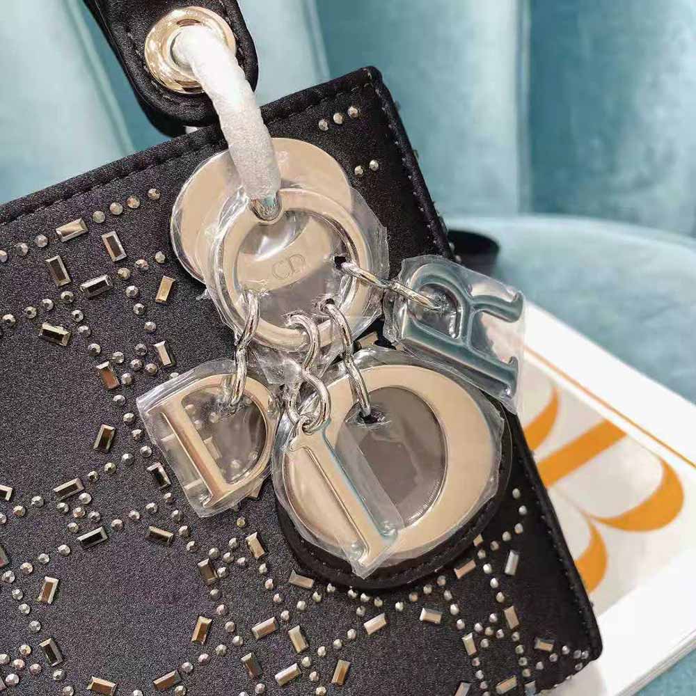 TÚI Dior Women Mini Lady Dior Bag Black Strass Cannage Satin