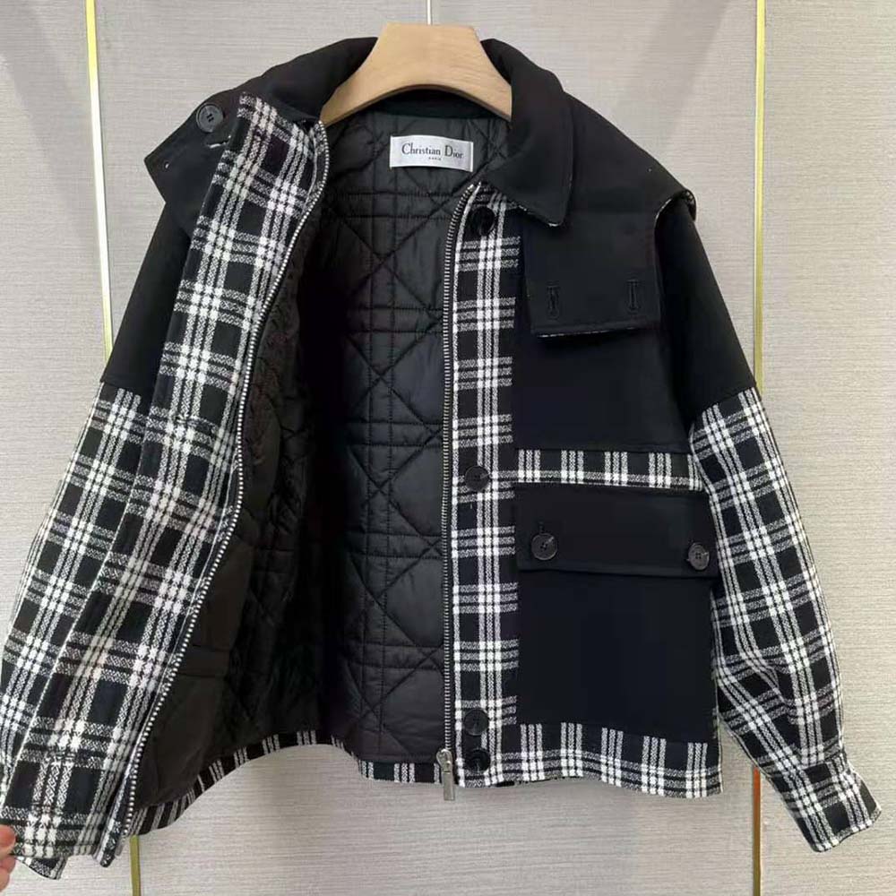 ÁO Dior Women Hooded Peacoat Black and White Check’n’Dior Wool