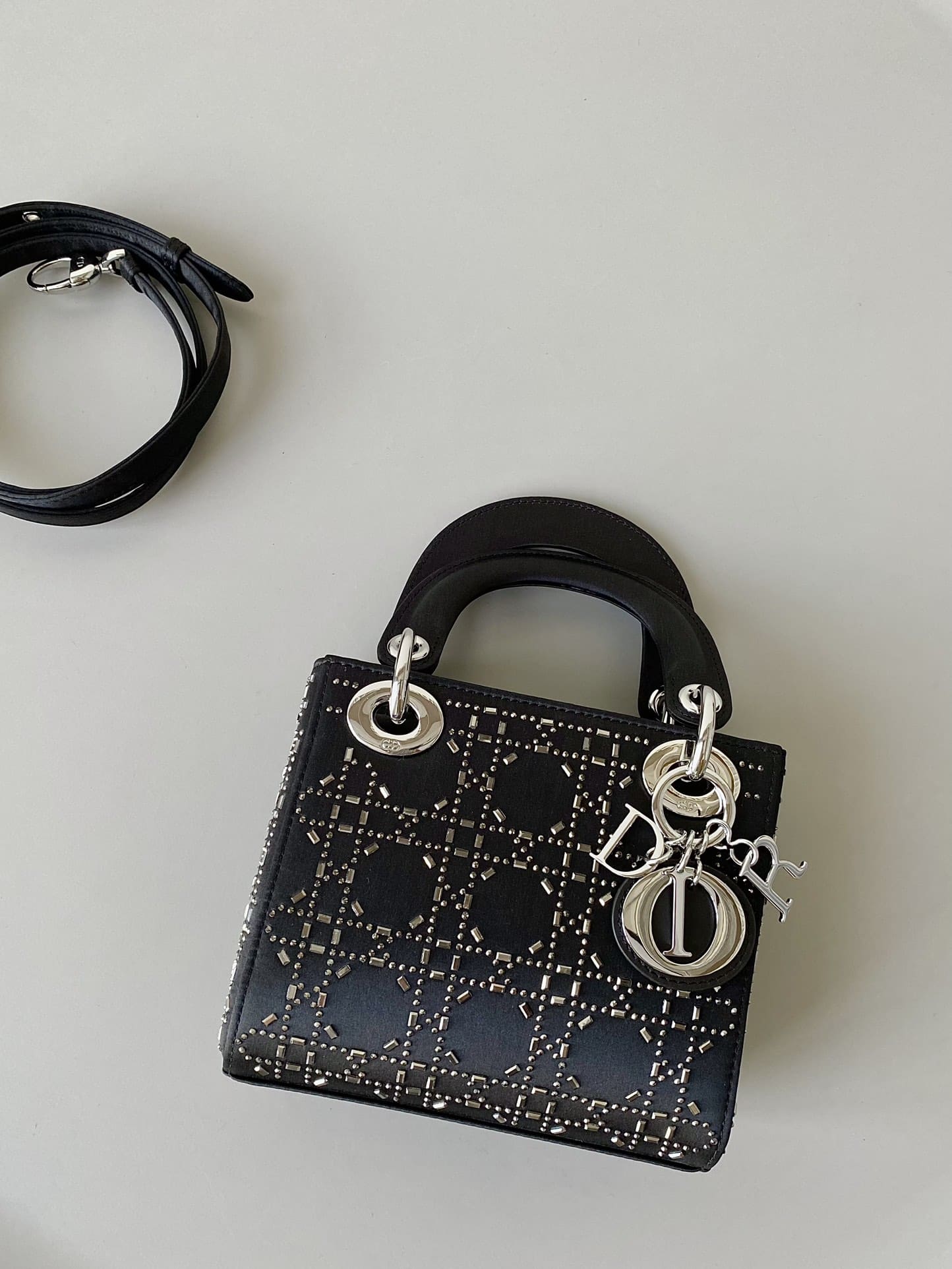TÚI Dior Women Mini Lady Dior Bag Black Strass Cannage Satin Top Quality