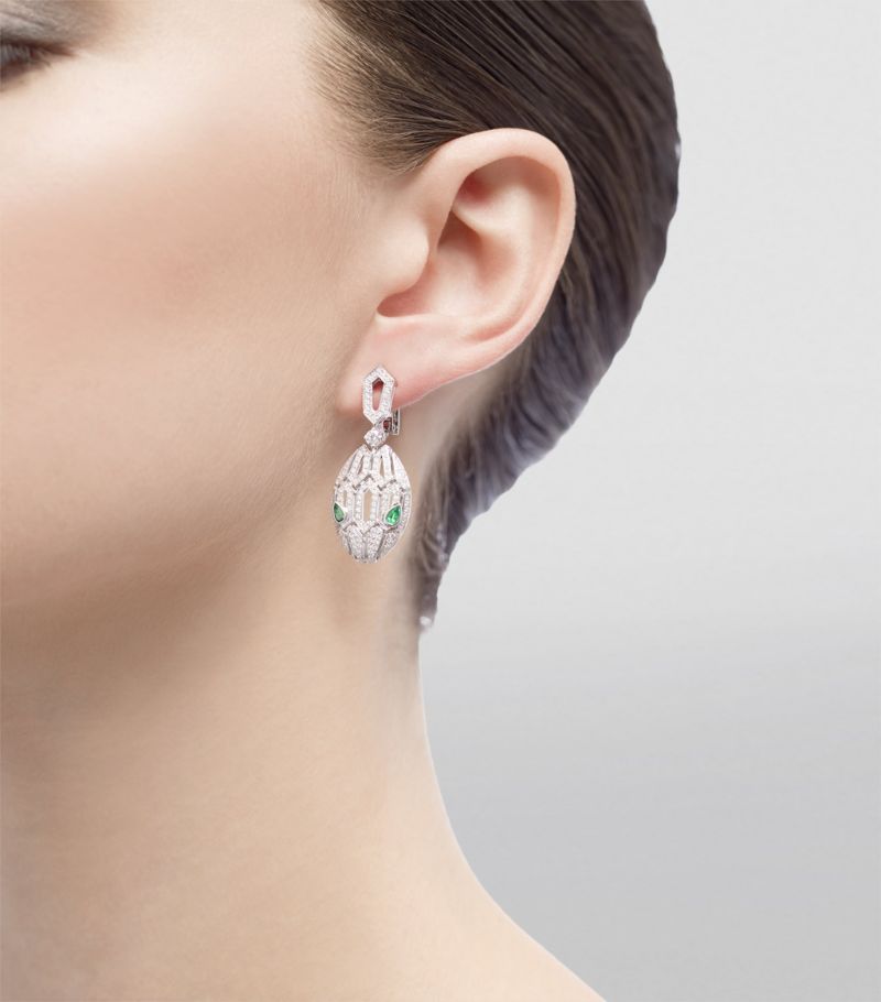 Bông tai BVLGARI White Gold, Diamond and Emerald Serpenti Earrings vàng trắng 18K