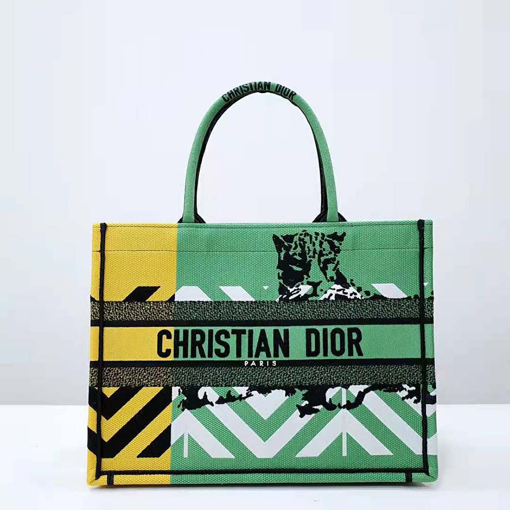 TÚI Dior Women Medium Dior Book Tote Bright Green and Orange D-Jungle Pop Embroidery