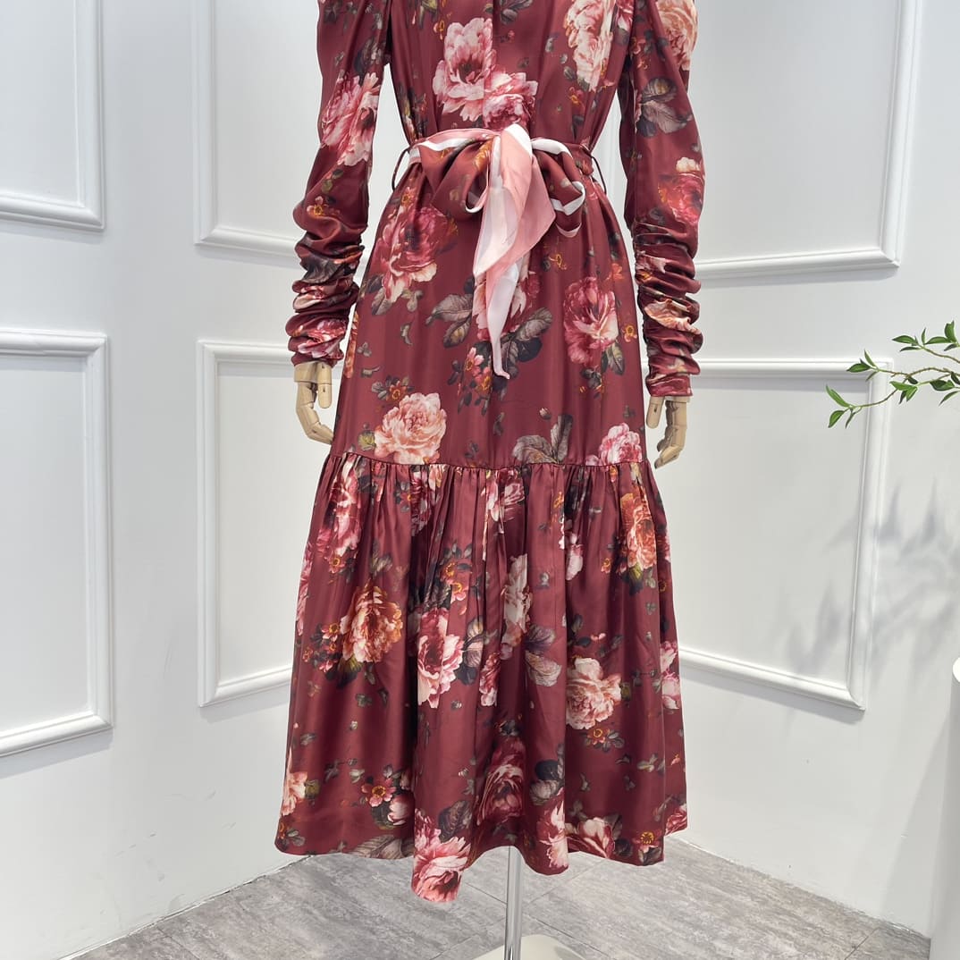VÁY ZIMMERMANN Pink Rose Print Red Midi Dress with belt High Classy