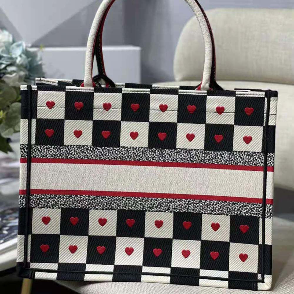 TÚI Dior Women Small Dioramour Dior Book Tote Black White and Red D-Chess Heart Embroidery