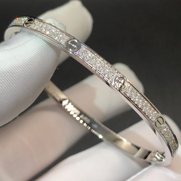 Vòng tay Cartier Love full kim cương mẫu nhỏ vàng trắng 18K
