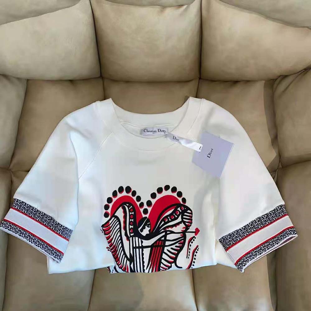 ÁO Dior Short-Sleeved Sweatshirt White Cotton Jersey with Multicolor Cupidon Motif