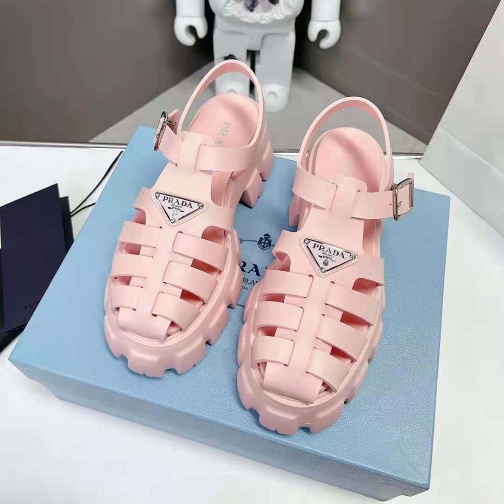 GIÀY Prada Foam Rubber Sandals with Enameled Metal Triangle Logo-Pink