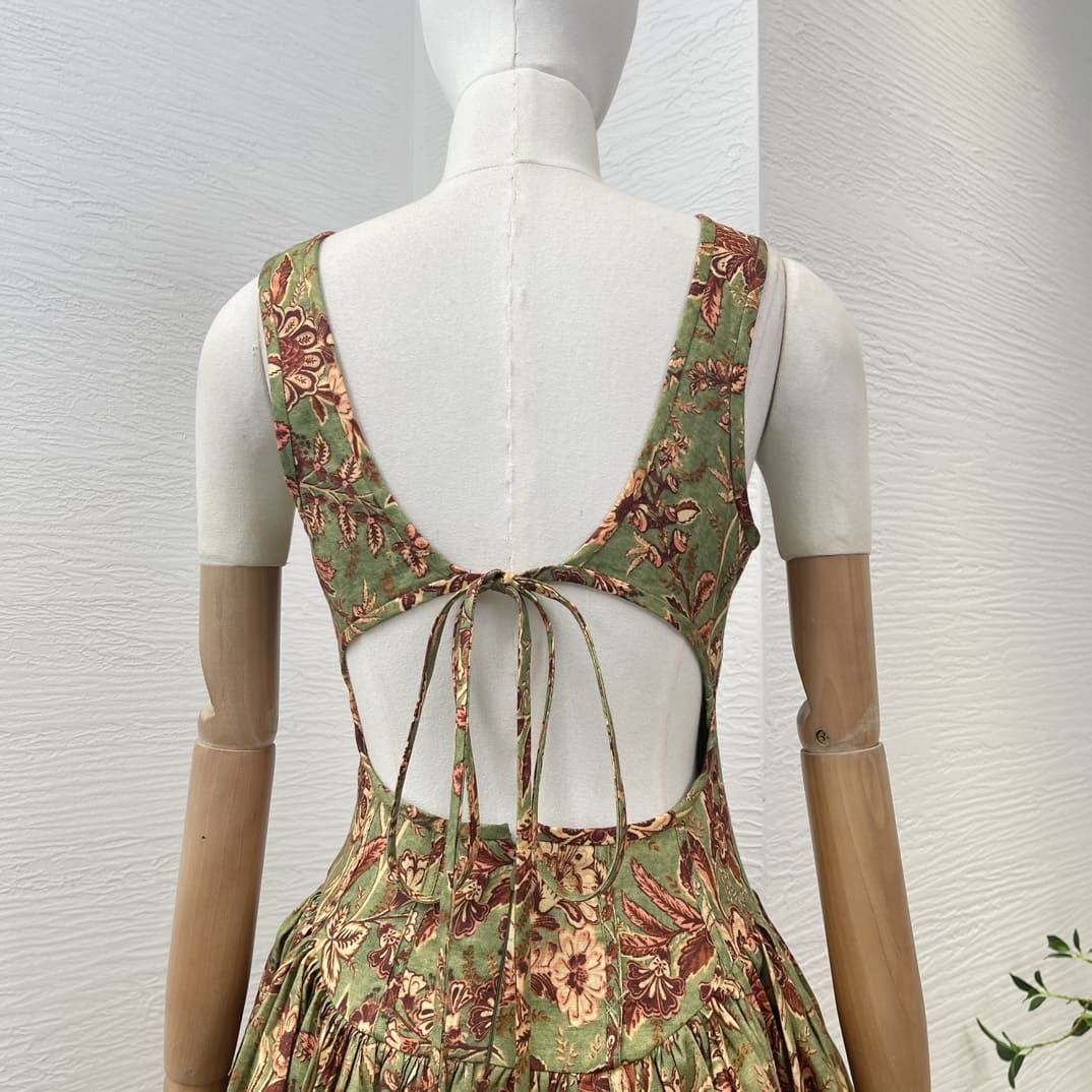 VÁY ZIMMERMANN Green Square Collar Sleeveless Floral Print Mini Dress High Classy