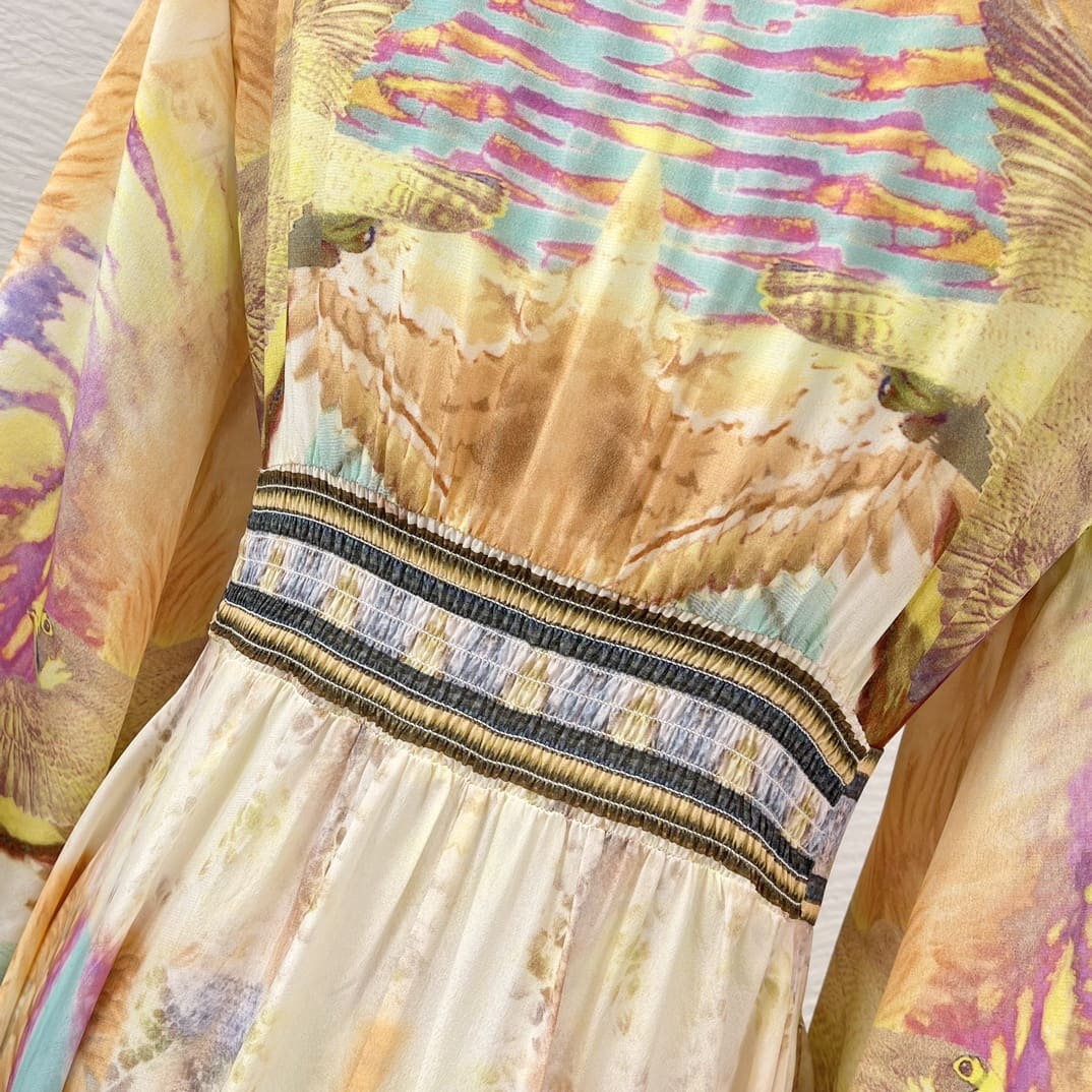 VÁY CAMILLA Golden Floral Print Diamonds Pressed Midi Dress High Classy