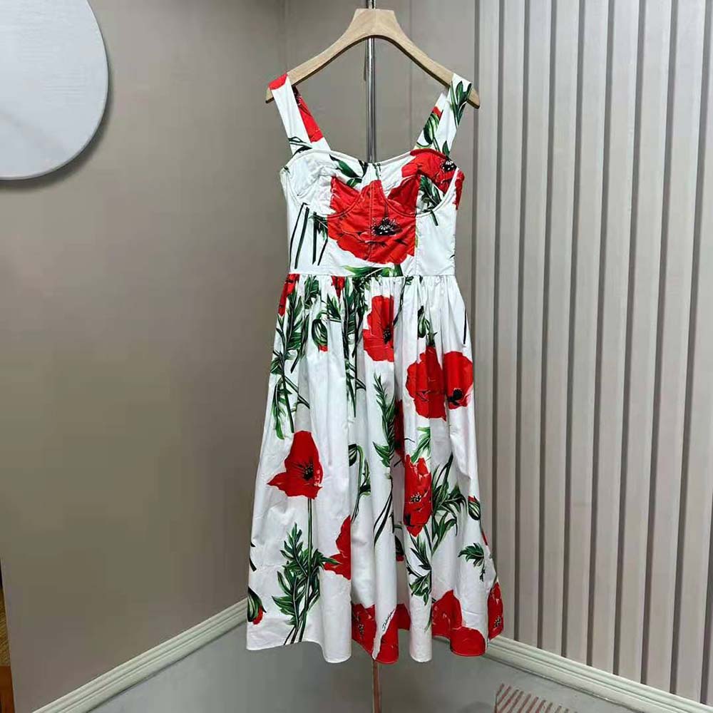 VÁY Dolce Gabbana D&G Women Poppy-Print Poplin Dress with Circle Skirt
