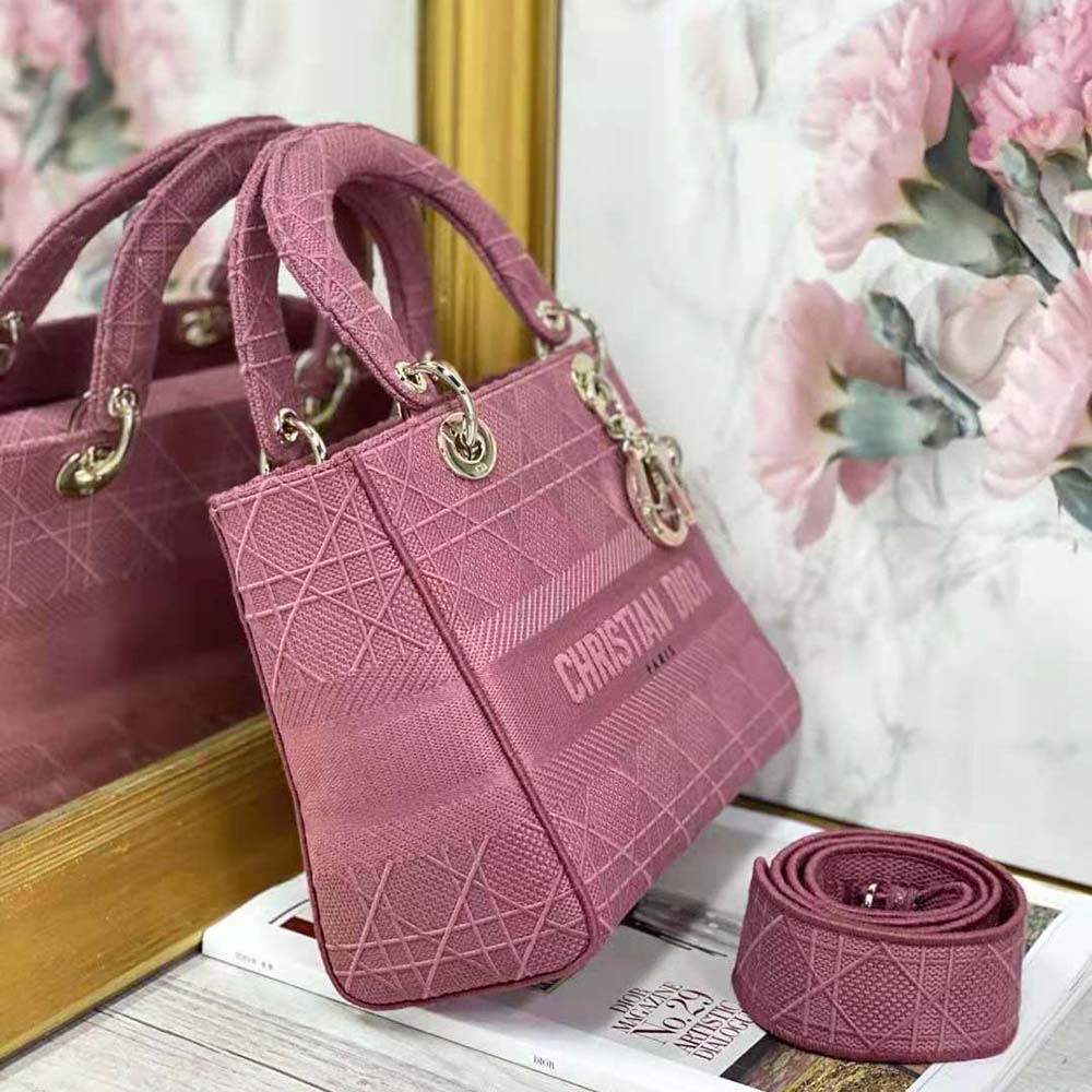 TÚI Dior Women Medium Lady D-lite Bag Mallow Rose Cannage Embroidery