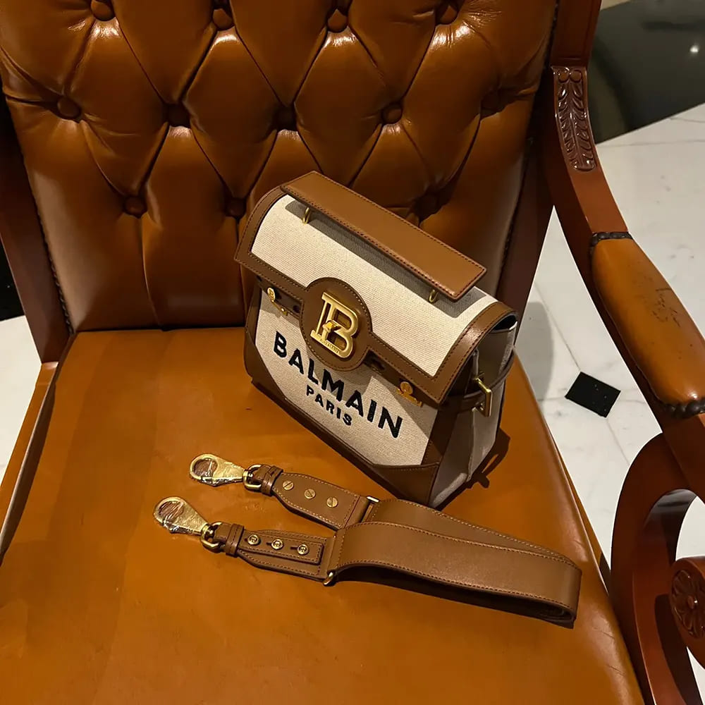 TÚI BALMAIN Women Bi-material Canvas and Ecru Calfskin B-Buzz Bag