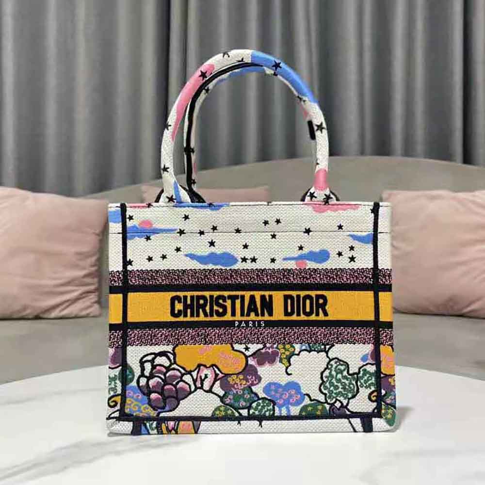 TÚI Dior Women Small Dior Book Tote Latte Dior Ciel de Rêve Embroidery