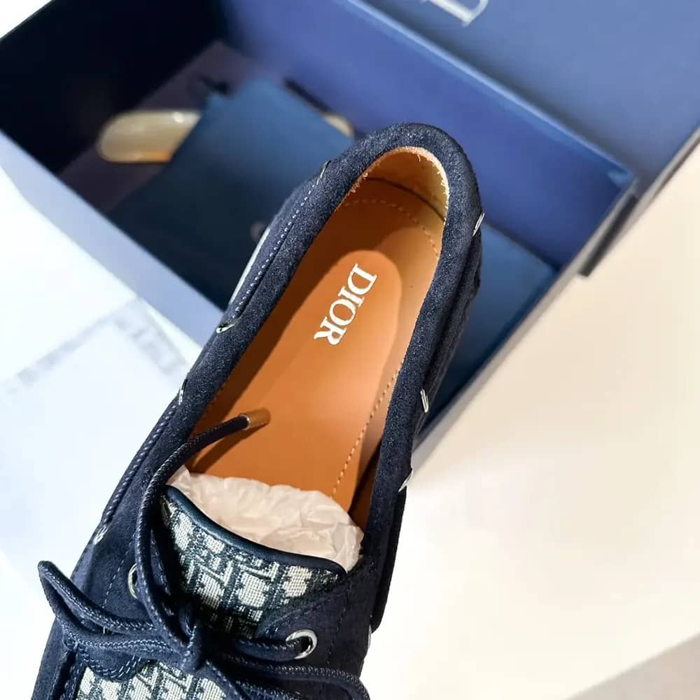 GIÀY DIOR Men Granville Boat Shoe Navy Blue Suede with Beige and Black Dior Oblique Jacquard TOP QUALITY SHOES AAA