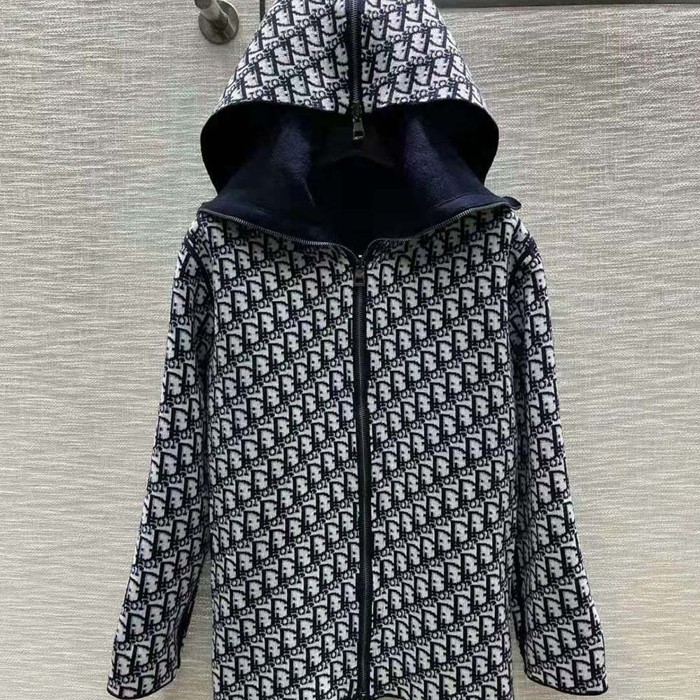 ÁO Dior Women Zipped-Hood Peacoat Navy Blue Double-Sided Wool and Silk with Dior Oblique Interior