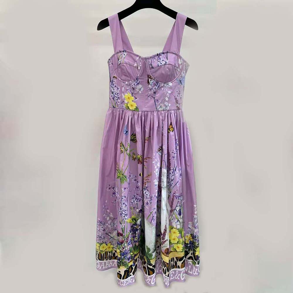 VÁY Dolce Gabbana D&G Women Calf-Length Bustier Dress in Rabbit-Print Poplin