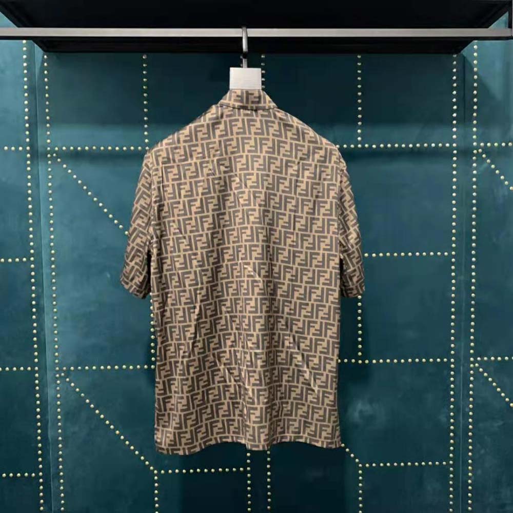 ÁO Fendi Brown Silk Shirt with Italian-Style Collar and Short Sleeves
