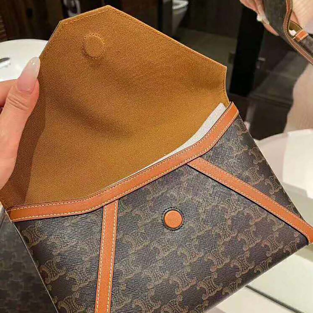 TÚI Celine Envelop Small Pouch in Triomphe Canvas and Calfskin-Tan