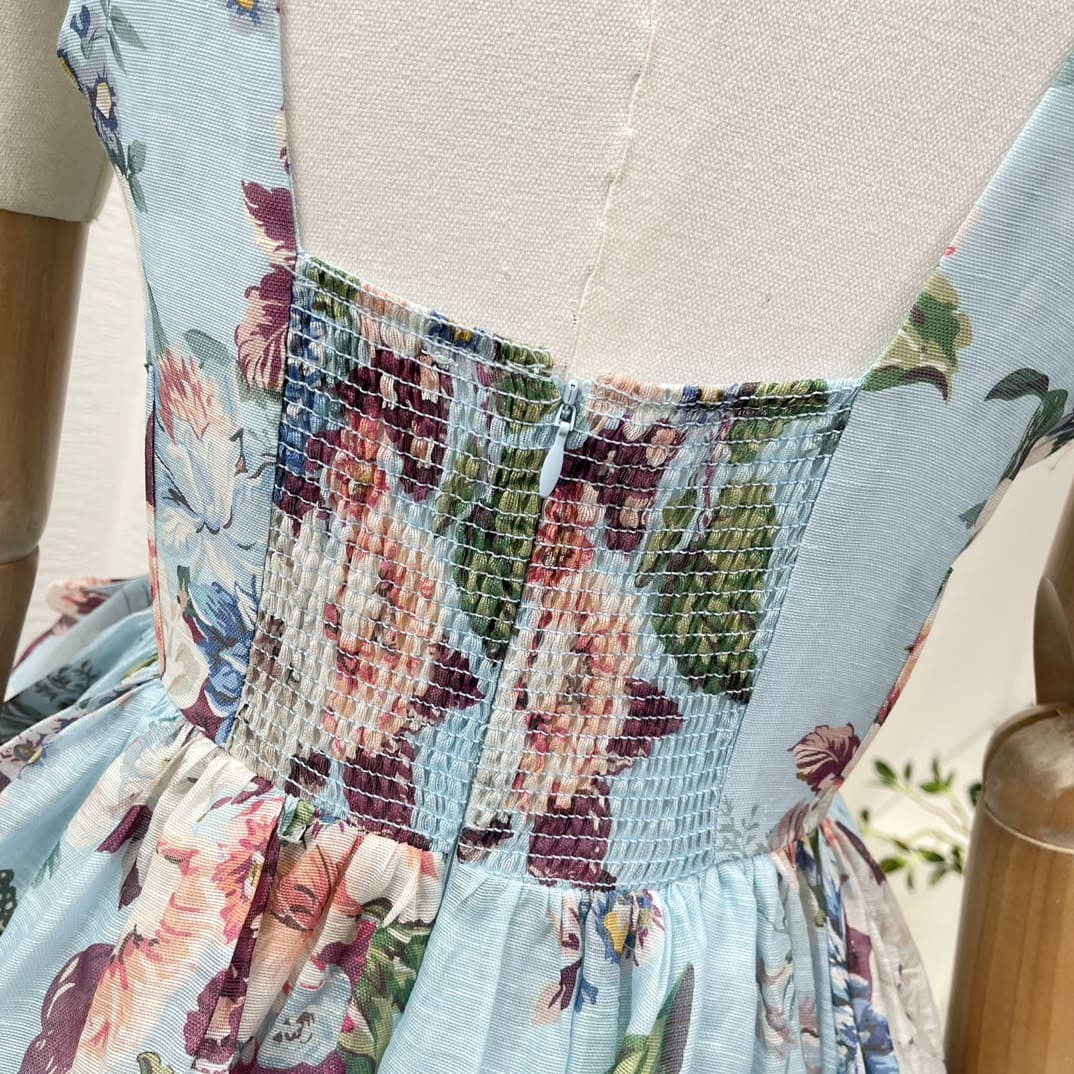 VÁY ZIMMERMANN Holiday Blue Floral Pirnt Ruched Sleeveless High-low Midi Dress High Classy