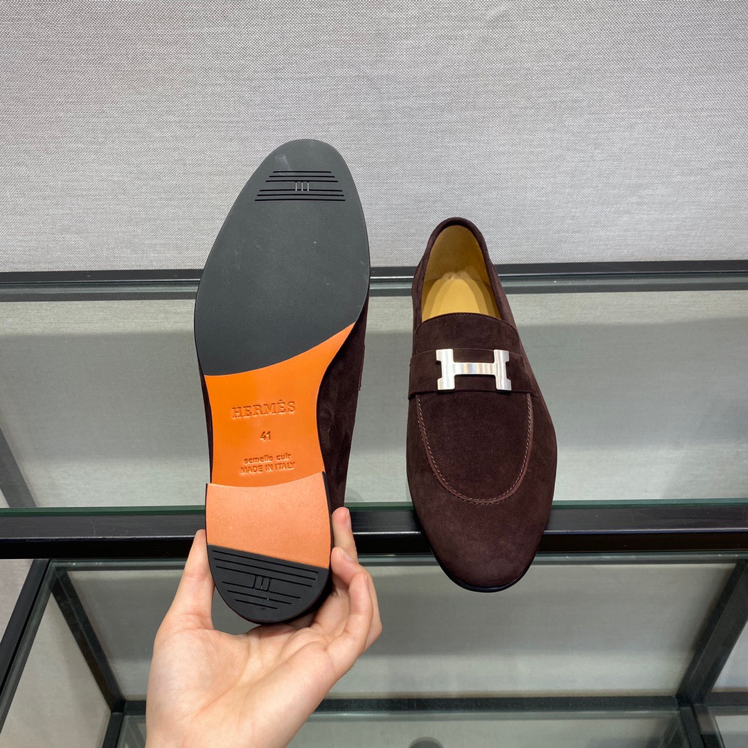 GIÀY HERMES SUEDE LEATHER BROWN LOAFER SHOES