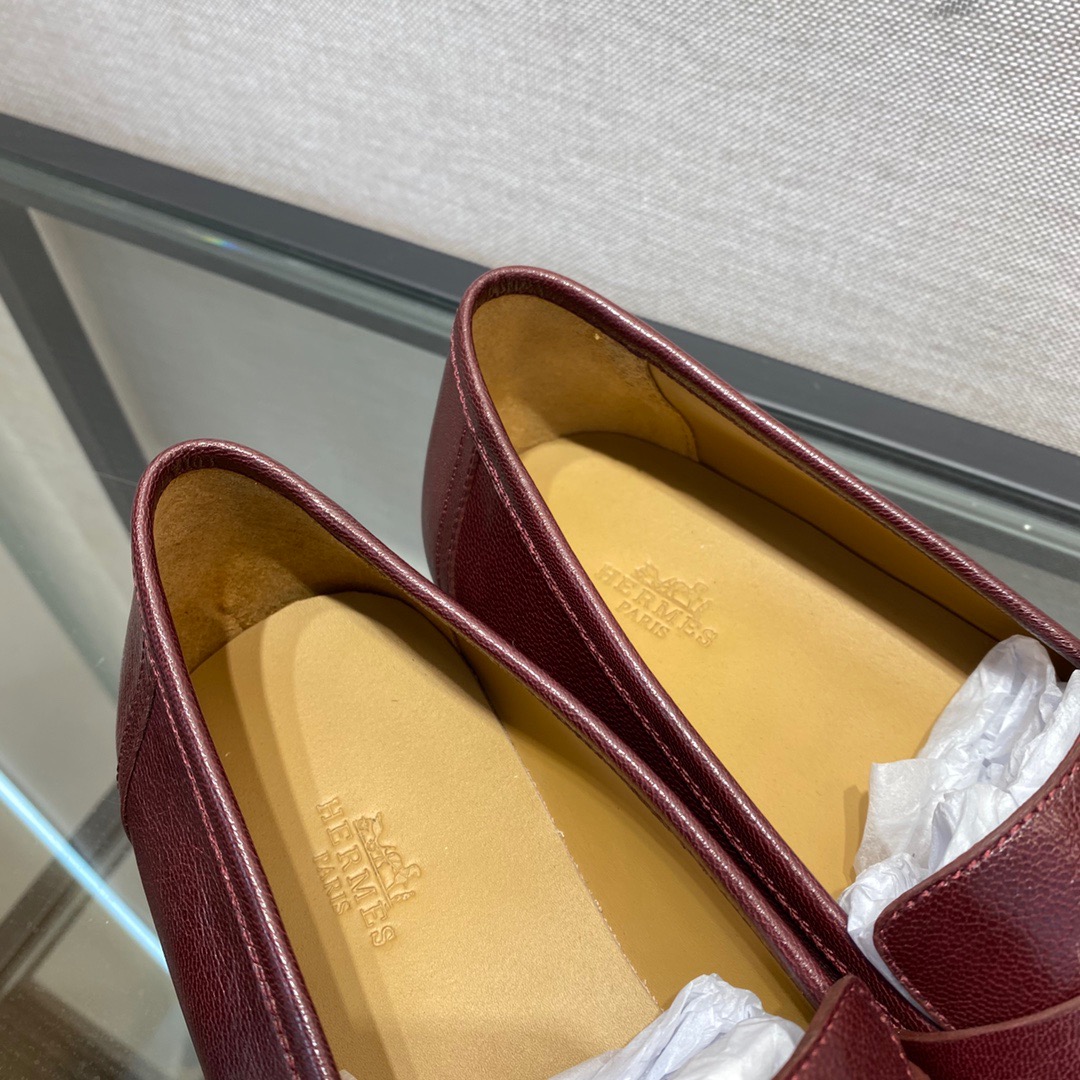 GIÀY HERMES LEATHER BURGUNDY LOAFER SHOES