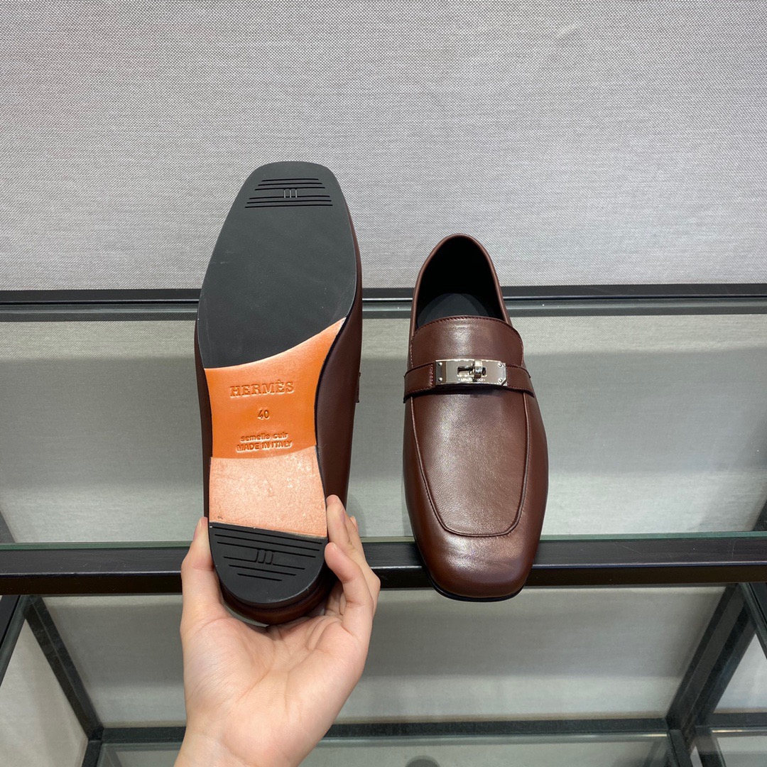 GIÀY HERMES KELLY LEATHER BROWN LOAFER SHOES