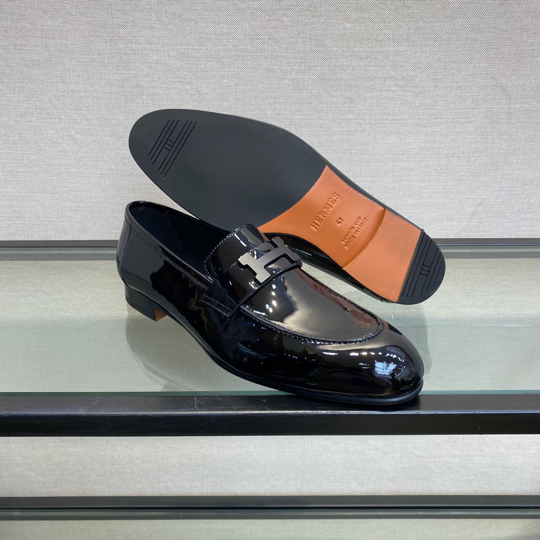 GIÀY HERMES GLOSS LEATHER BLACK LOAFER SHOES