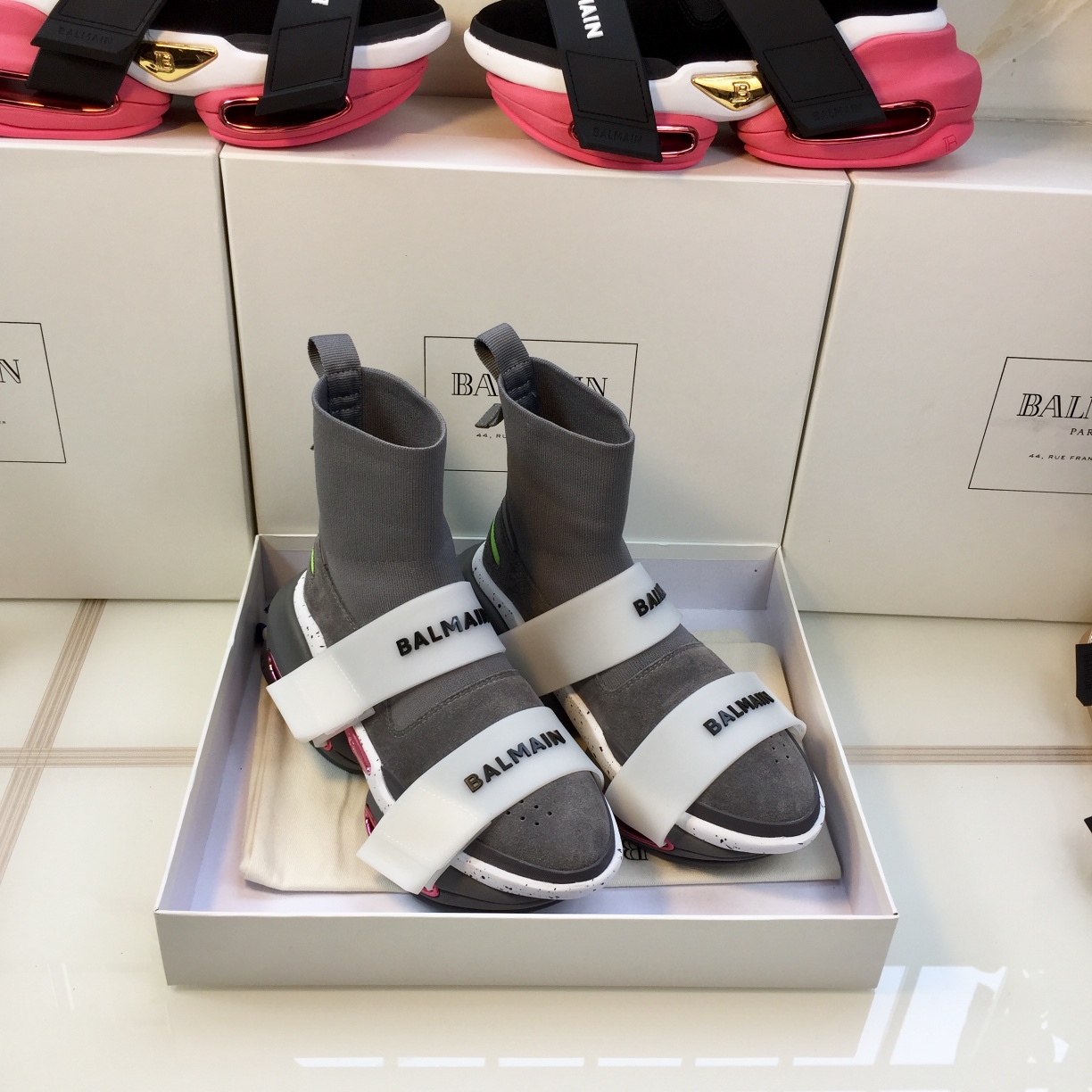 GIÀY BALMAIN GREY PINK HIGH TOP SNEAKERS