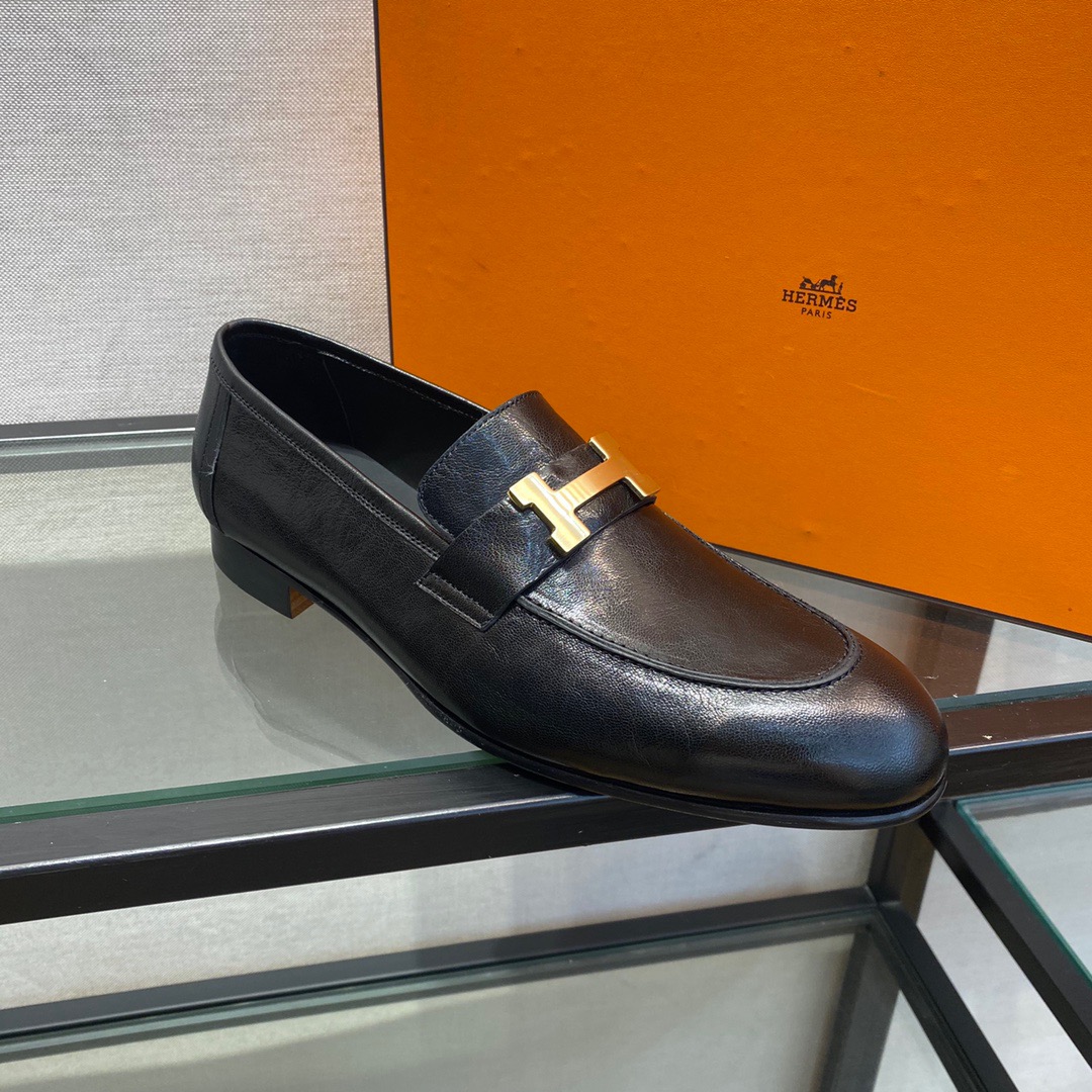 GIÀY HERMES LEATHER BLACK LOAFER SHOES