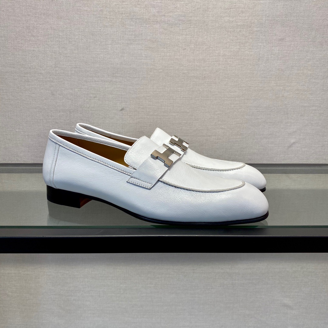 GIÀY HERMES LEATHER WHITE LOAFER SHOES