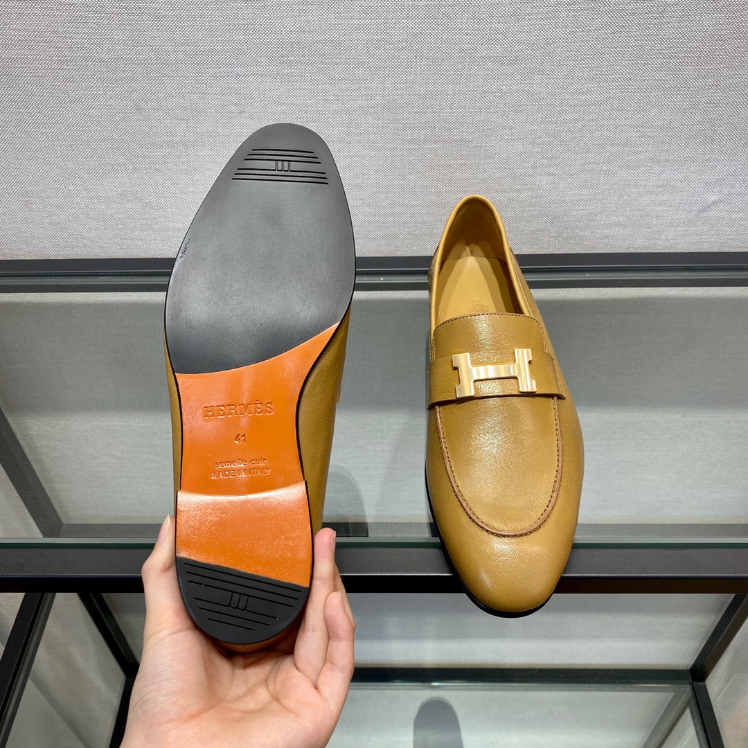 GIÀY HERMES LEATHER BROWN LOAFER SHOES