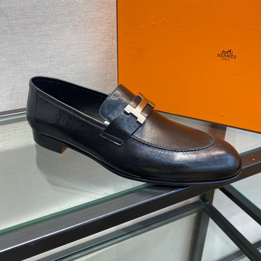GIÀY HERMES LEATHER BLACK LOAFER SHOES