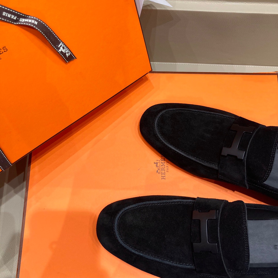 GIÀY HERMES SUEDE LEATHER BLACK LOAFER SHOES