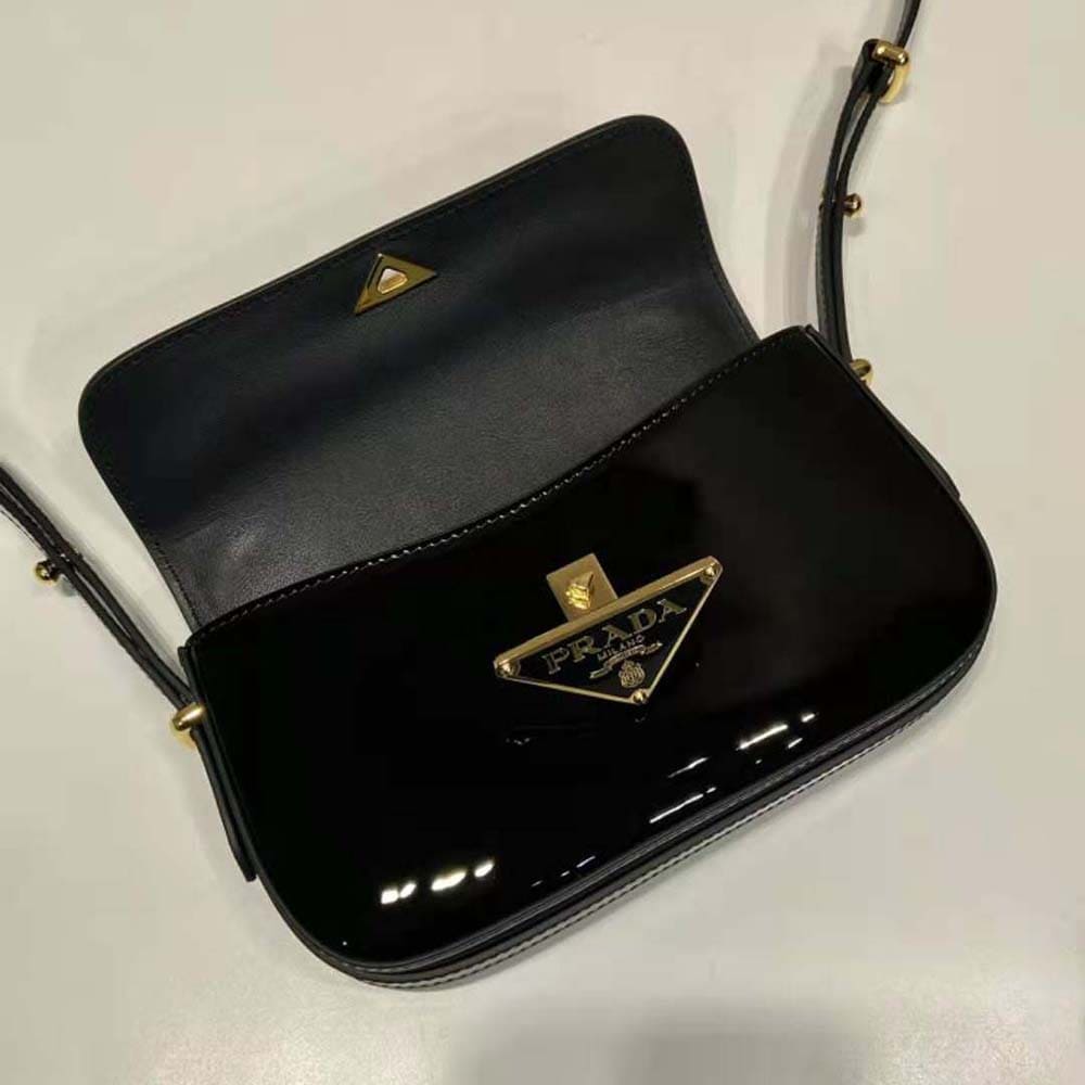 TÚI PRADA Women Patent Leather Shoulder Bag with Flap-Black