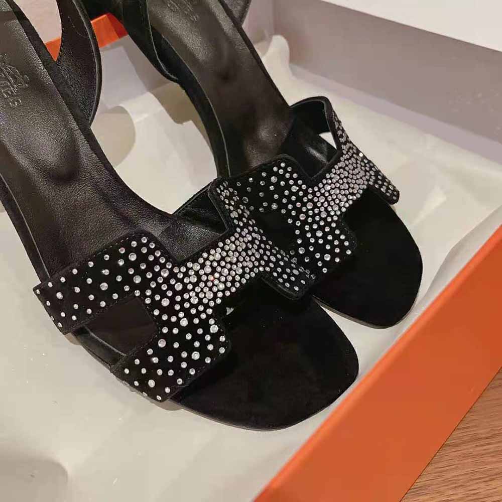 GIÀY Hermes Women Eternite 80 Sandal High Heel Sandal in Suede Goatskin-Black SS2022