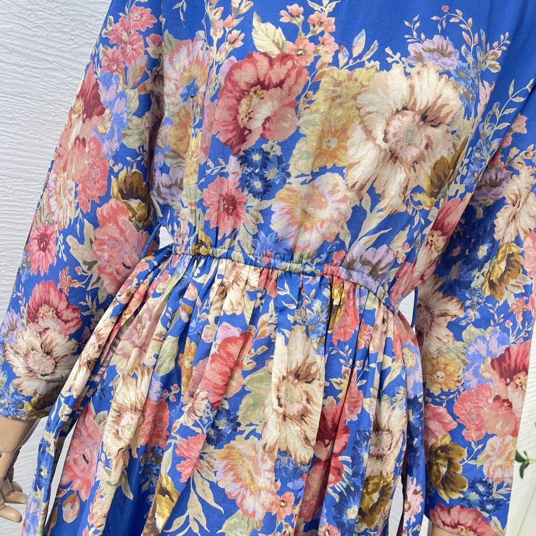 VÁY ZIMMERMANN Blue Floral Print Long Sleeve Loose Mini Dress High Classy