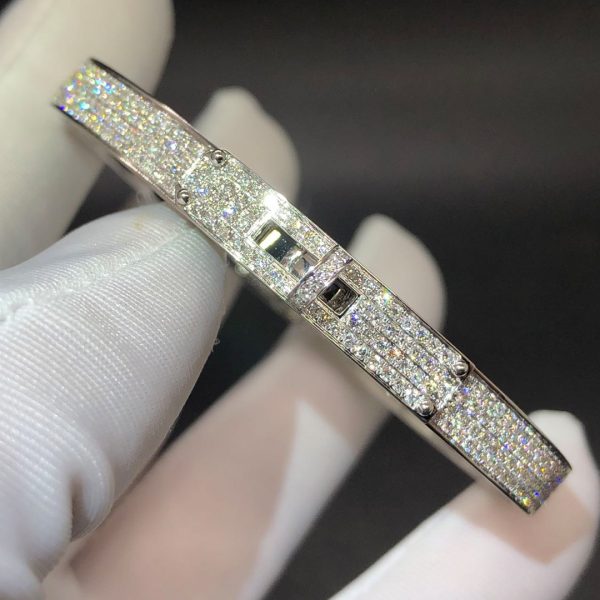 Vòng tay  Hermes Kelly diamond nguyên khối vàng trắng 18K