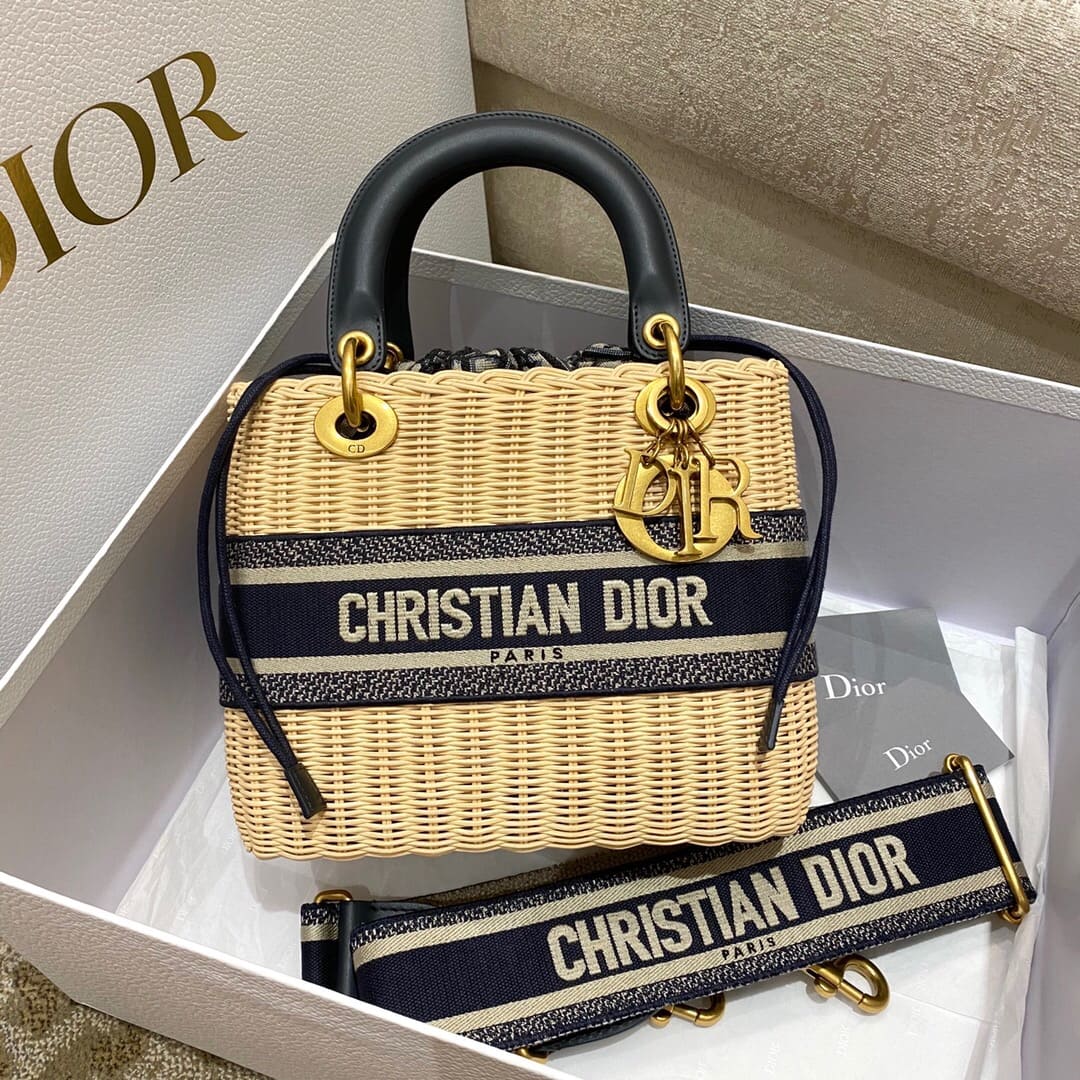 TÚI Dior Women Medium Lady Dior Bag Natural Wicker and Black Dior Oblique Jacquard