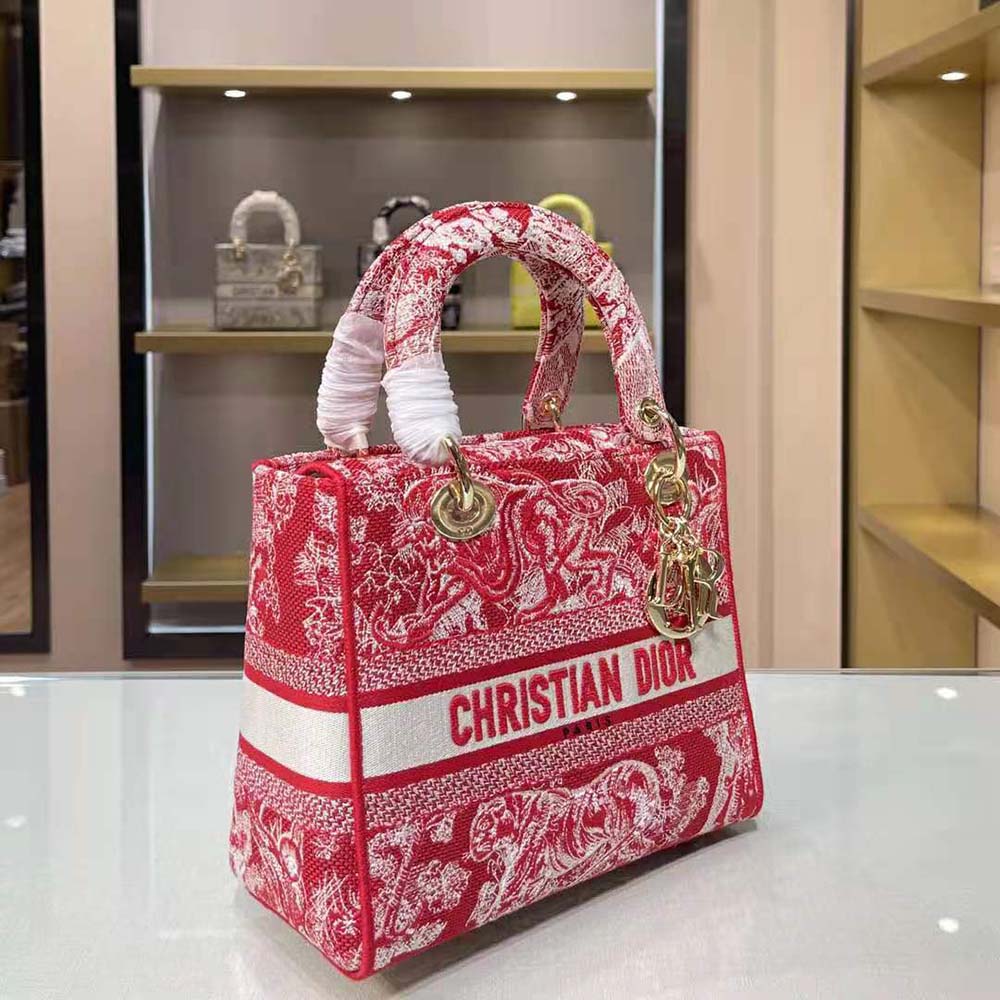 TÚI Dior Women Medium Lady D-Lite Bag Raspberry Toile de Jouy Reverse Embroidery