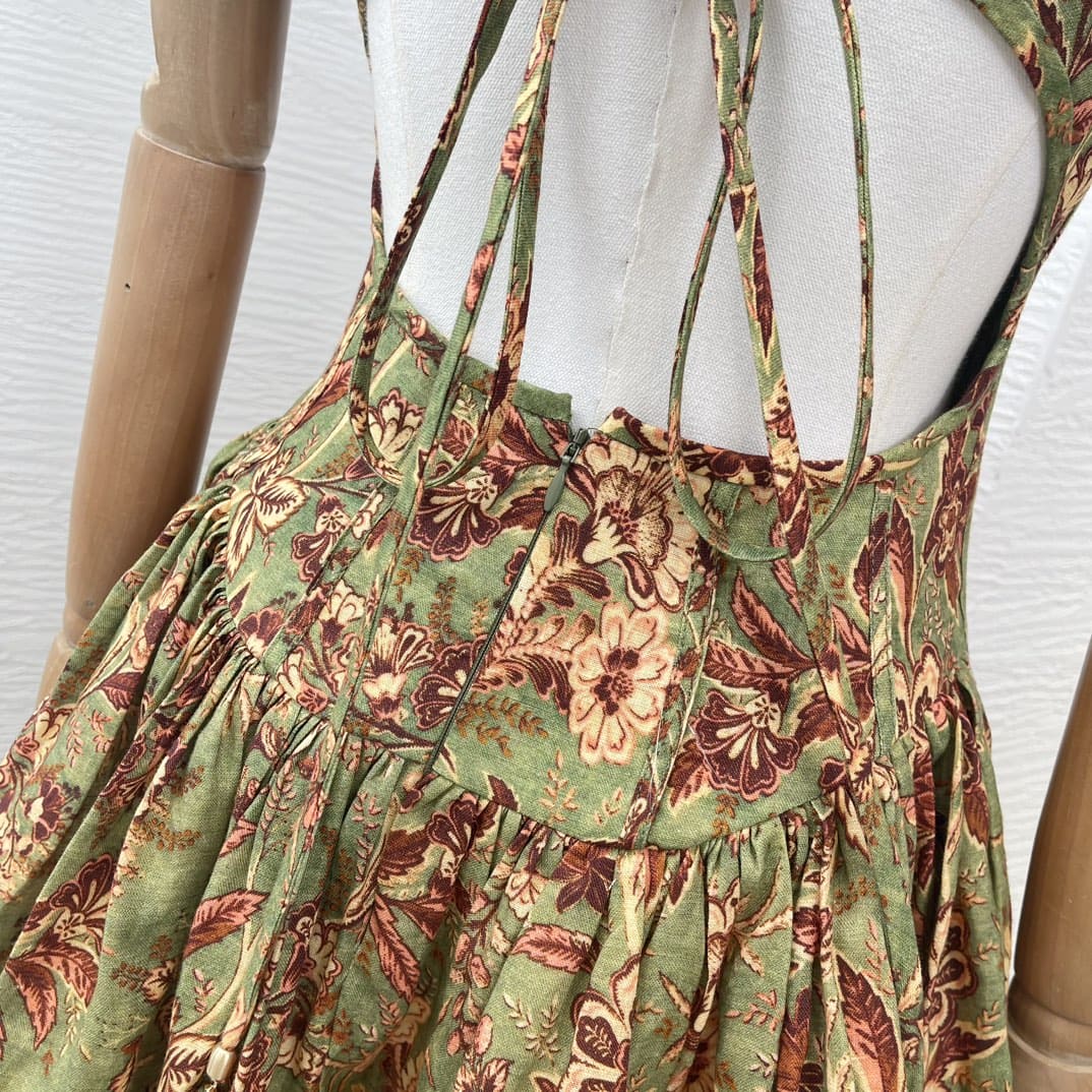 VÁY ZIMMERMANN Green Square Collar Sleeveless Floral Print Mini Dress High Classy