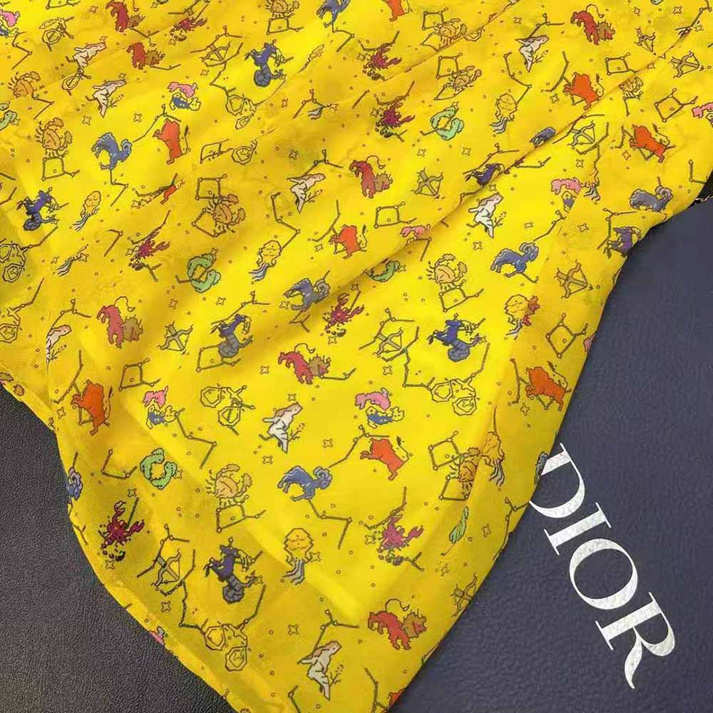 VÁY CHRISTIAN DIOR Mid-Length Shirt Dress Yellow Silk Chiffon with Multicolor Dior Pixel Zodiac Motif
