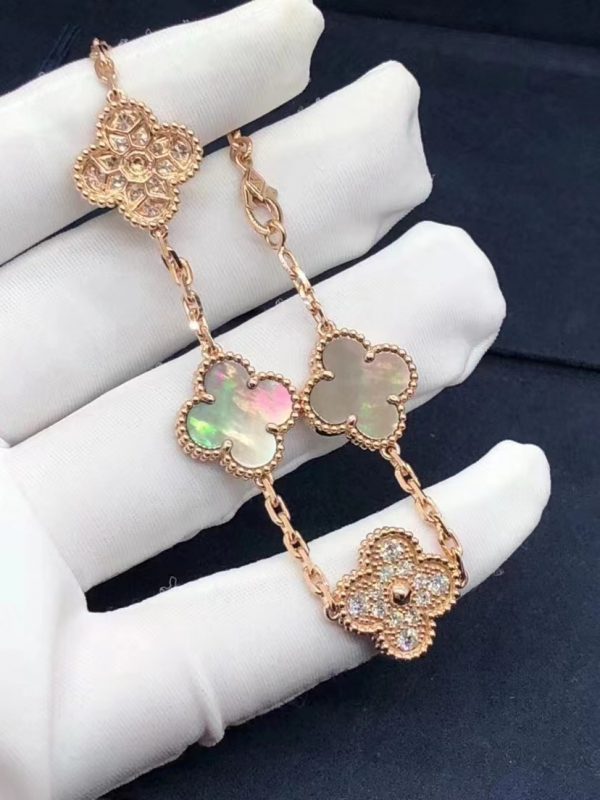 Vòng tay Van Cleef & Arpels Vintage Alhambra Grey M.O.P Kim cương 5 Motifs vàng hồng 18K