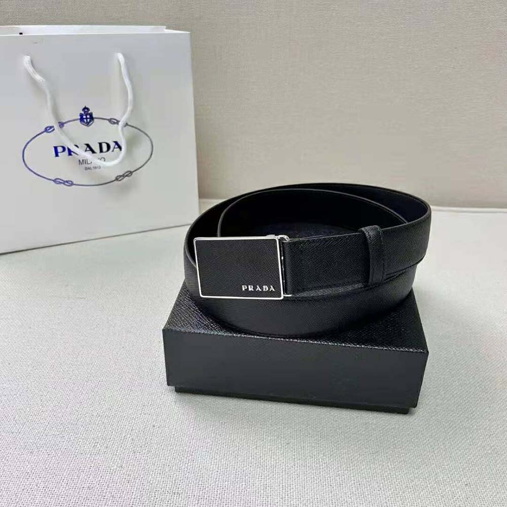 DÂY LƯNG Prada Men Saffiano Leather Belt with Metal Lettering Logo-Black