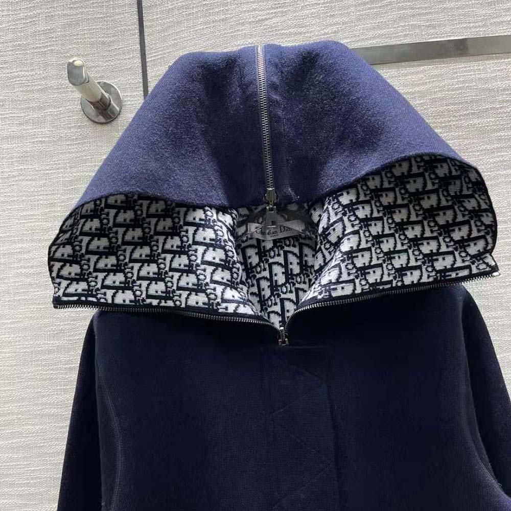 ÁO Dior Women Zipped-Hood Peacoat Navy Blue Double-Sided Wool and Silk with Dior Oblique Interior