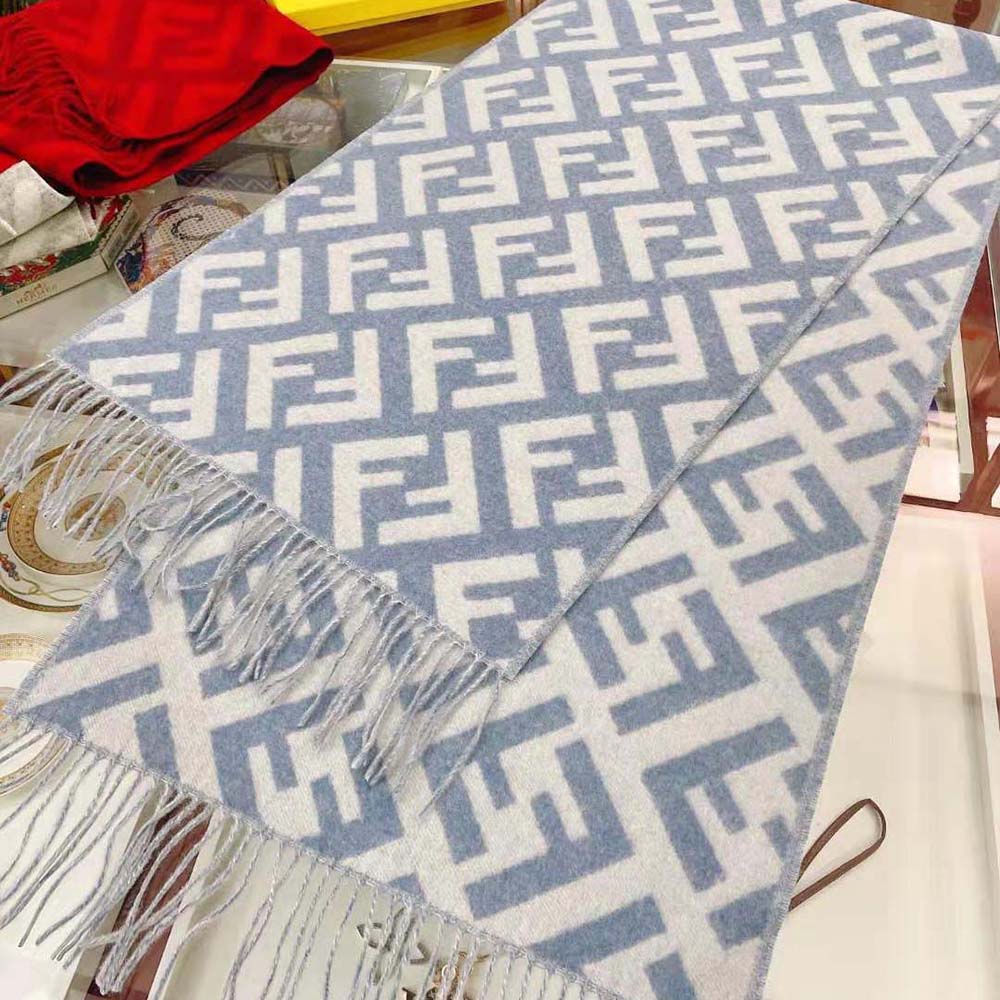 KHĂN Fendi FF Scarf Light Blue Cashmere Scarf