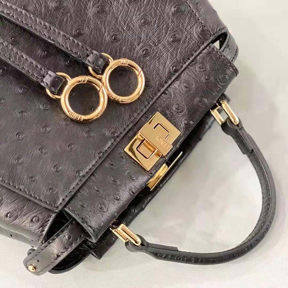 TÚI FENDI Women Peekaboo Iconic Mini Brown Ostrich Leather Bag DA ĐÀ ĐIỂU