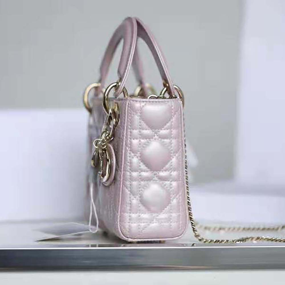 TÚI Dior Women Mini Lady Dior Bag Pearlescent Cannage Lambskin-Pink