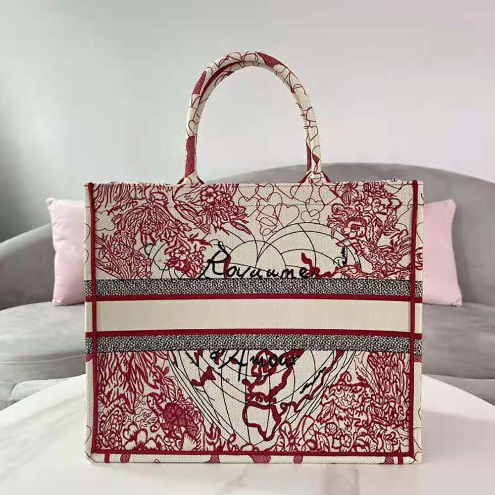 TÚI Dior Women Dioramour Dior Book Tote Red and White D-Royaume D Amour Embroidery