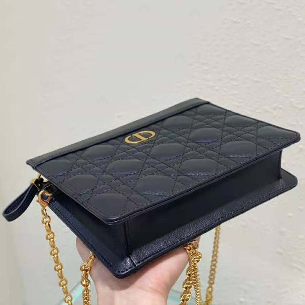 TÚI Dior Women Caro Zipped Pouch with Chain Black Supple Cannage Calfskin