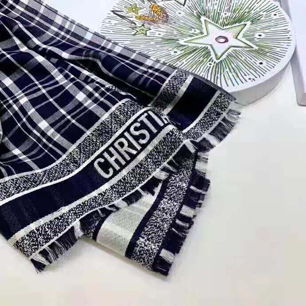 KHĂN Dior Women Checkndior Pop Stole Navy Blue Cashmere Silk and Cotton